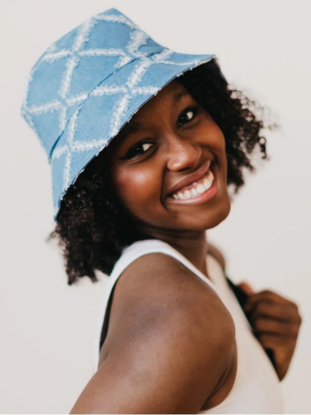 Pretty Simple Denim Diamond Print Bucket Hat NWT